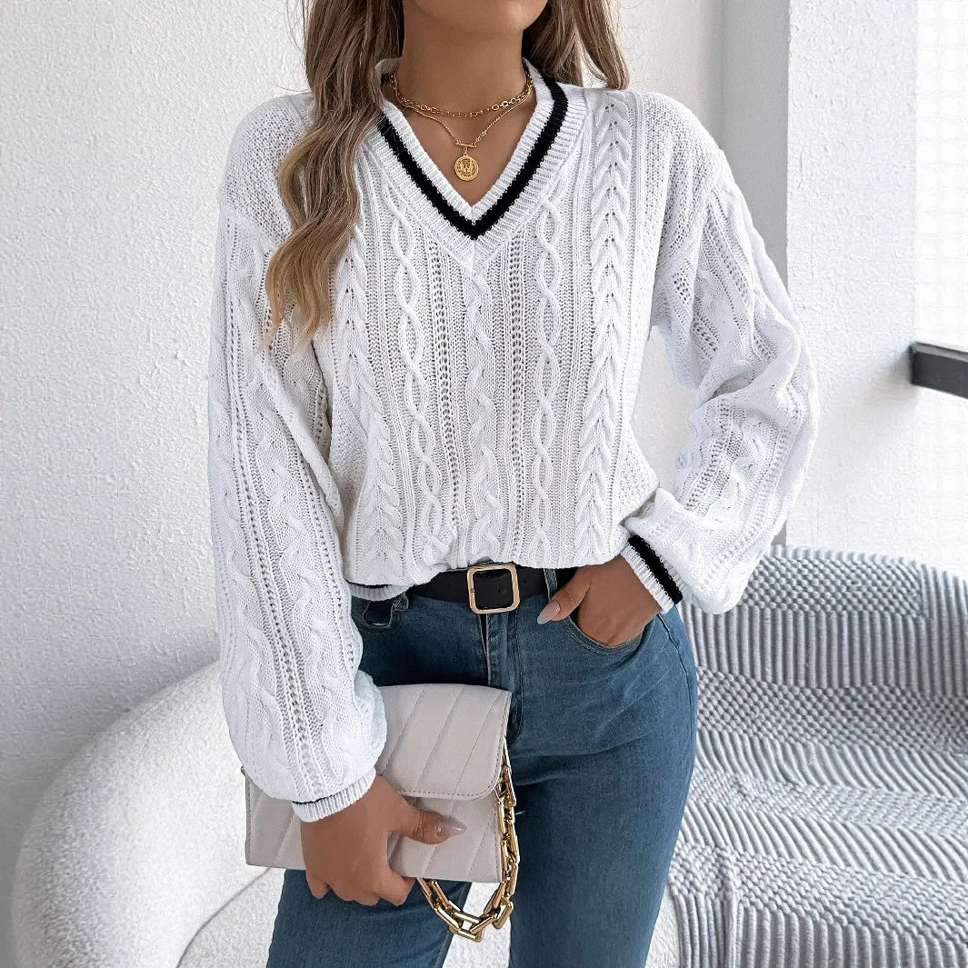 Damski długi rękaw w V-Neck dzianinowy sweter