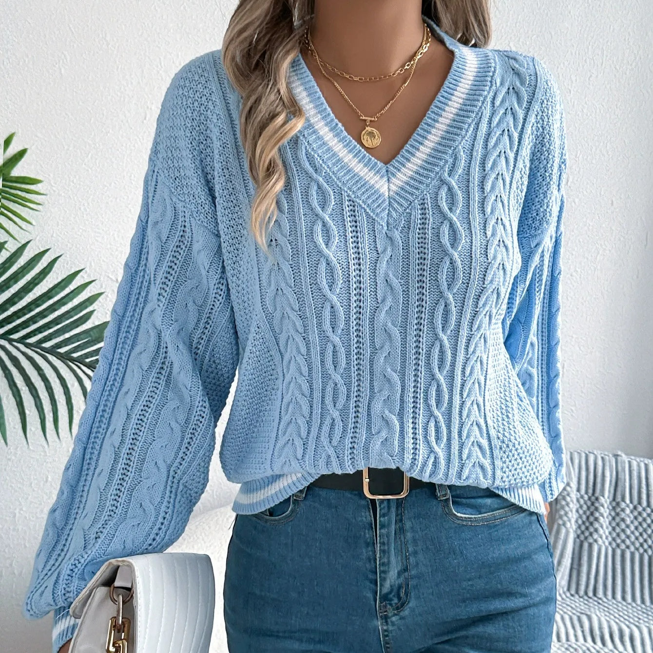 Damski długi rękaw w V-Neck dzianinowy sweter