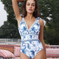 【🌺👗2 részes szett】V-nyakú csipkés nyomtatott egyrészes fürdőruha és szoknya