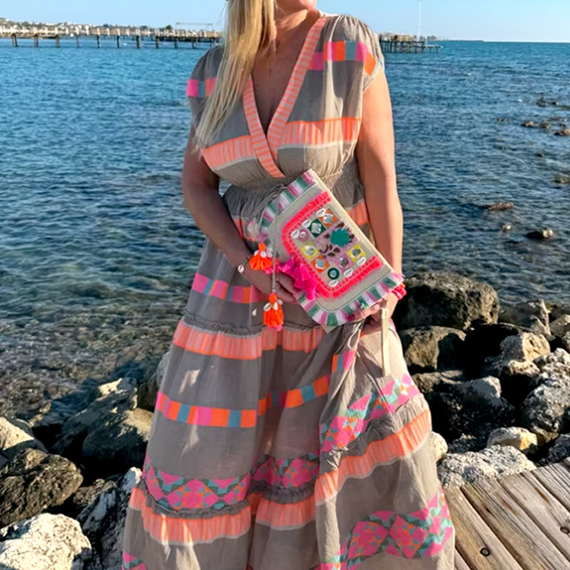 💕Luźna sukienka bez rękawów w paski z dekoltem w serek w stylu vintage