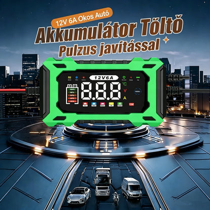 🚗⚡ 12 V-os, 6 A-es intelligens autóakkumulátor-töltő – Pulse Repair technológia, automatikus karbantartás és kénmentesítés