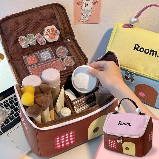 💒Nagy kapacitású, színes blokkos, ház alakú, kézi kozmetikai táska