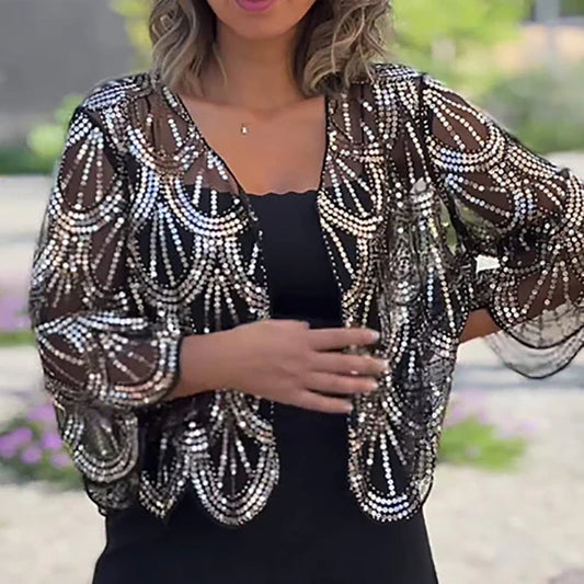 Elegancka cekinowa cekin 3/4 rękawów