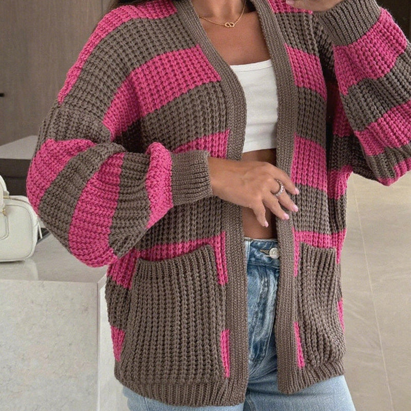 Stylowy w paski w paski w paski, otwartym przednim swetrze