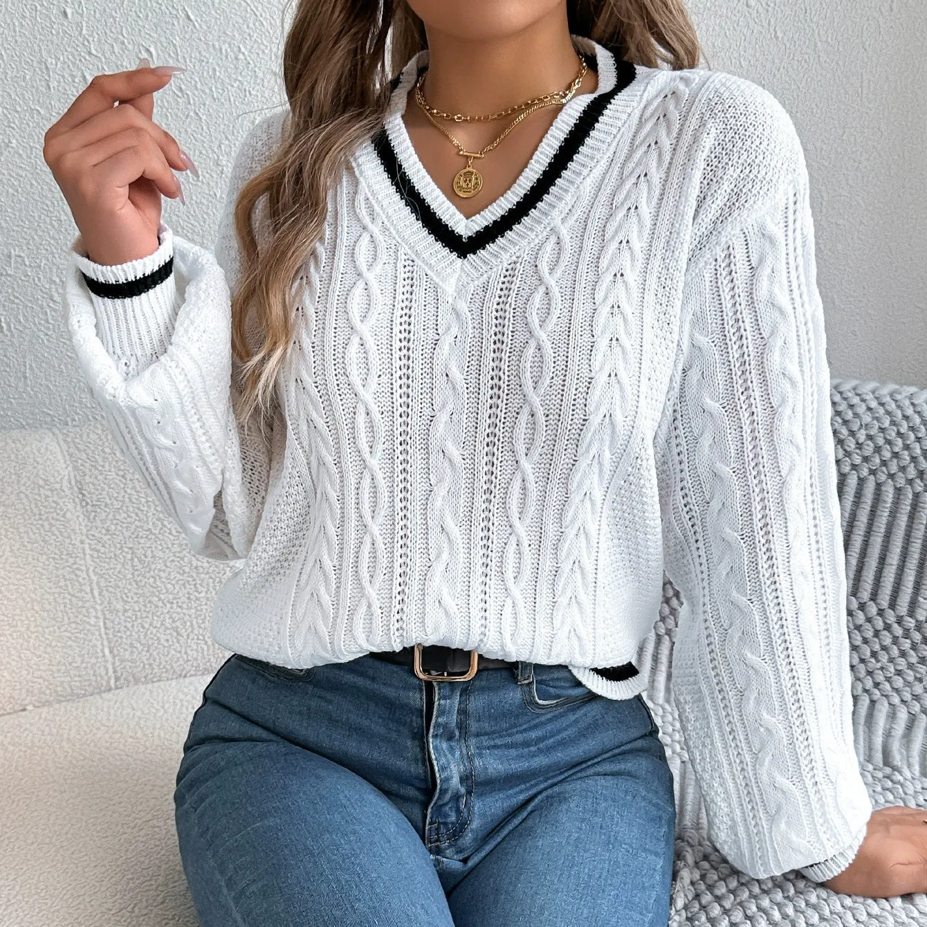 Damski długi rękaw w V-Neck dzianinowy sweter