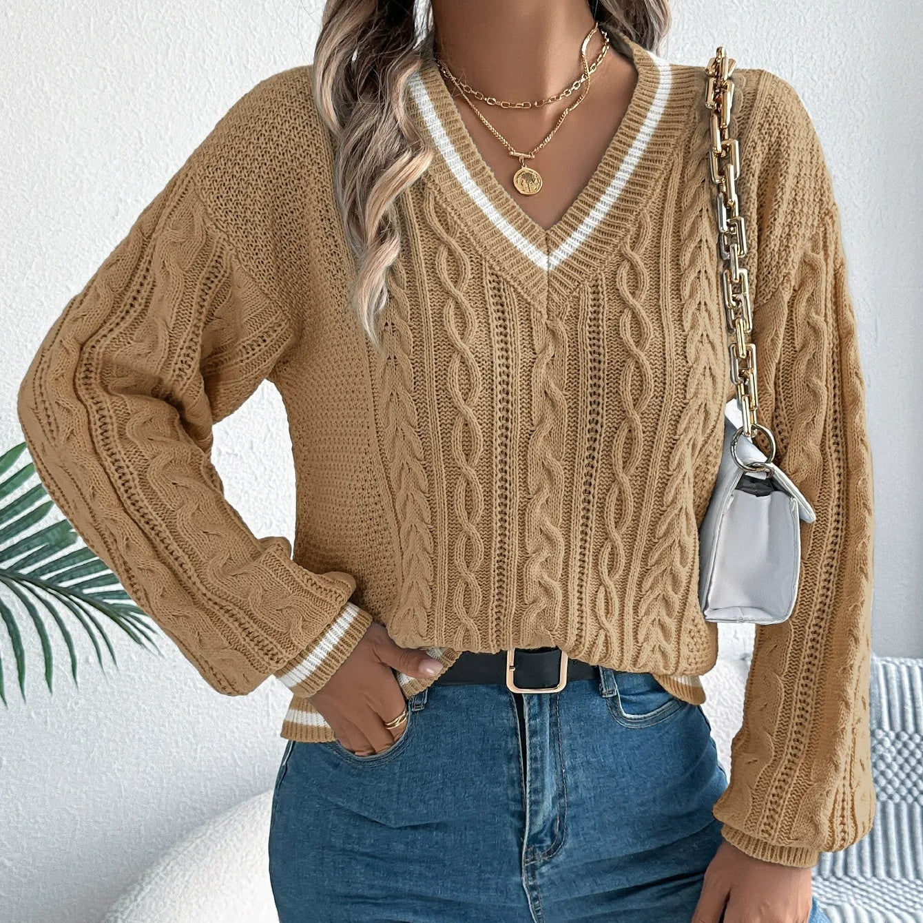 Damski długi rękaw w V-Neck dzianinowy sweter