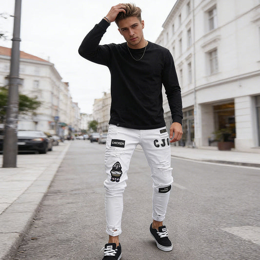 🔥 MOST 50% KEDVEZMÉNY! 👖 Férfi szakadt skinny farmer – merész patchwork és strapabíró farmeranyag 🎨👟